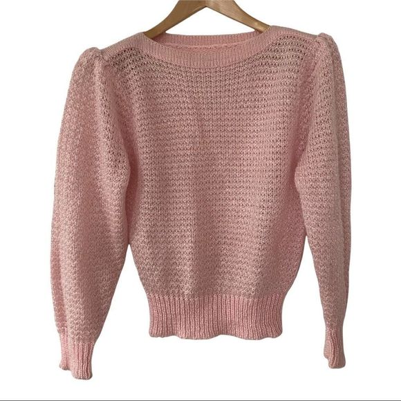 Vintage Handknit puff shoulder pink wool sweater - Picture 1 of 5